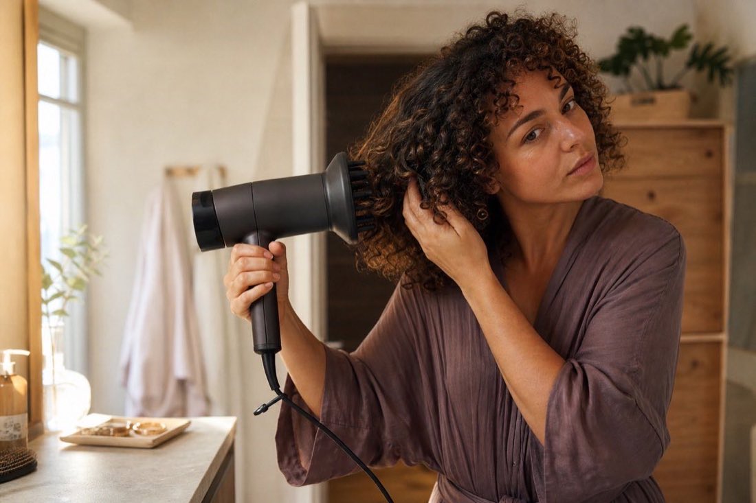 Femme séchant ses cheveux bouclés avec le diffuseur d’un sèche-cheveux professionnel