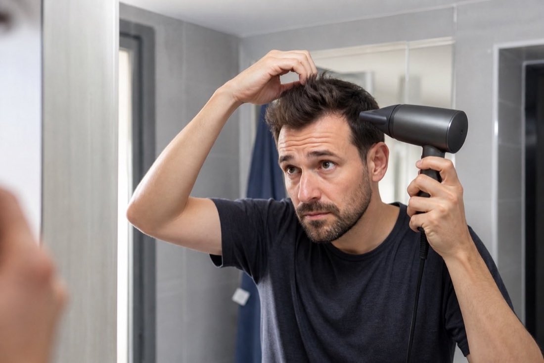 Homme coiffant ses cheveux courts avec un sèche-cheveux